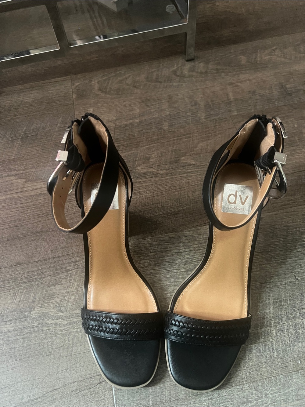 DV by Dolce Vita Black Braided Front Ankle-Strap Heels